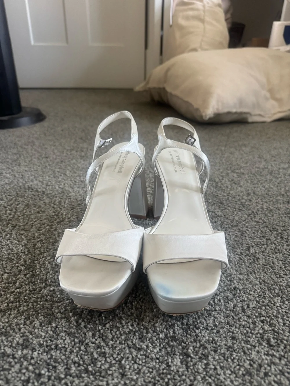 Jeffrey Campbell White Satin Platform Block Heel Sandal